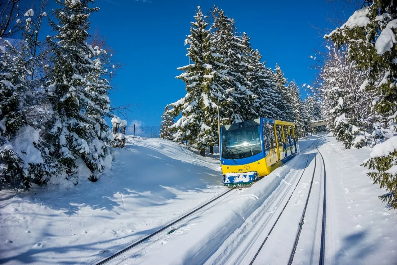 The Gubałówka funicular in winter, with snow on the slope