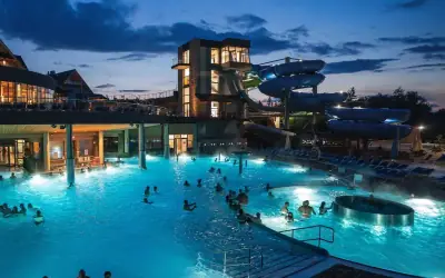 Outdoor thermal pools in the evening near Zakopane