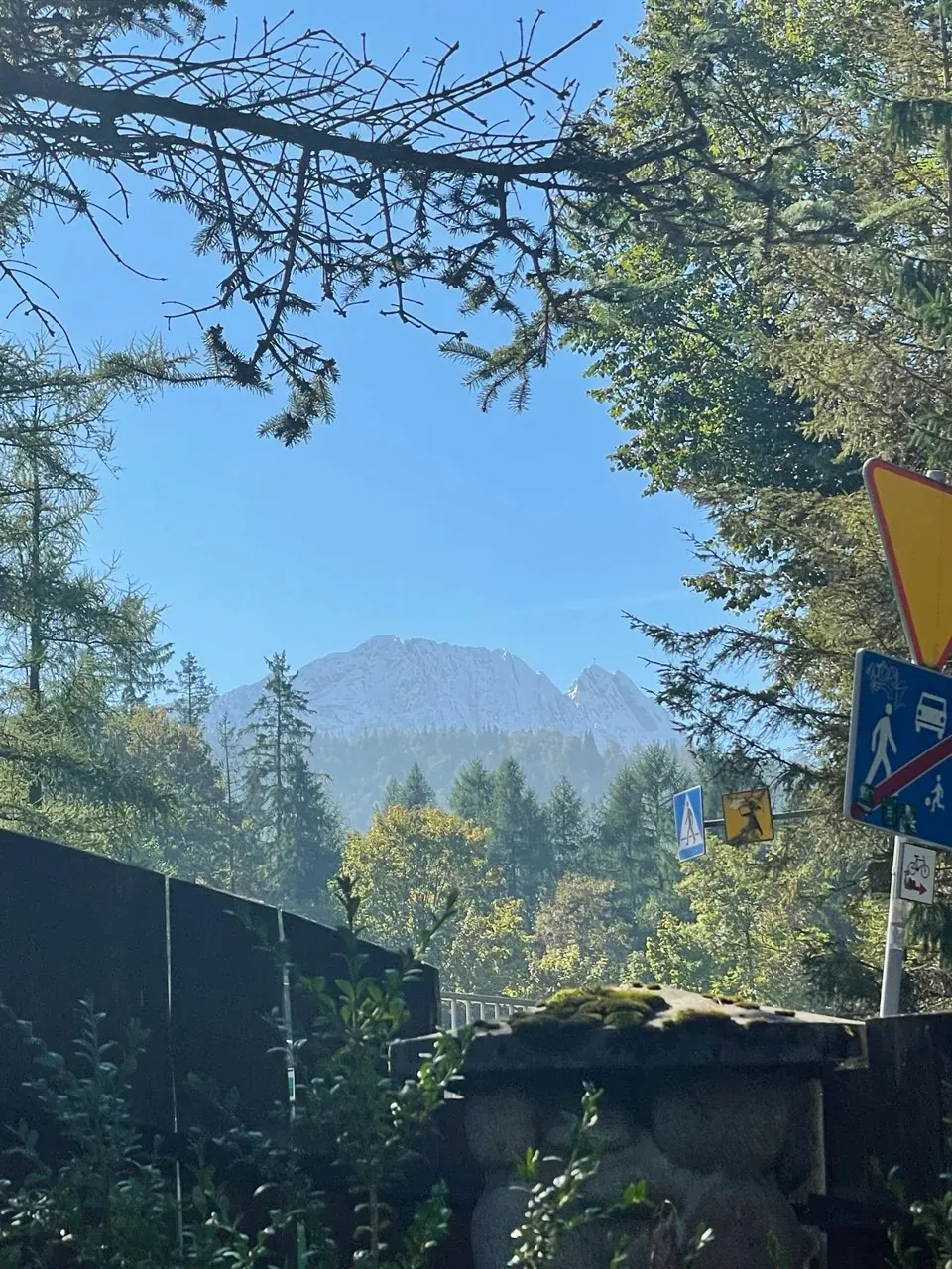 Street in Zakopane on a sunny autumn day, with trees and road signs framing a view of the Tatra peaks
